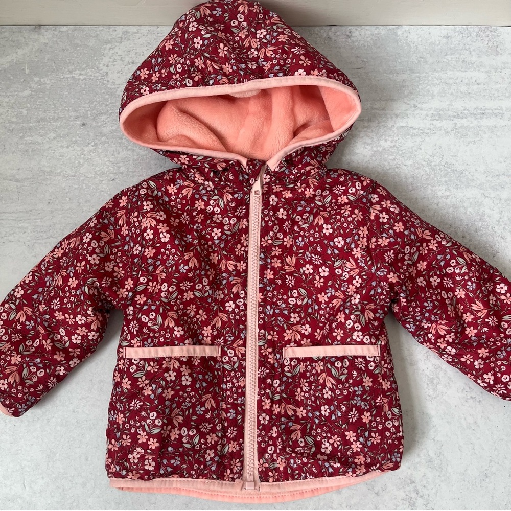 Girls Penelope Mack Lightweight Jacket 12 Red Floral Cozy Warm Hood Shabby Chic